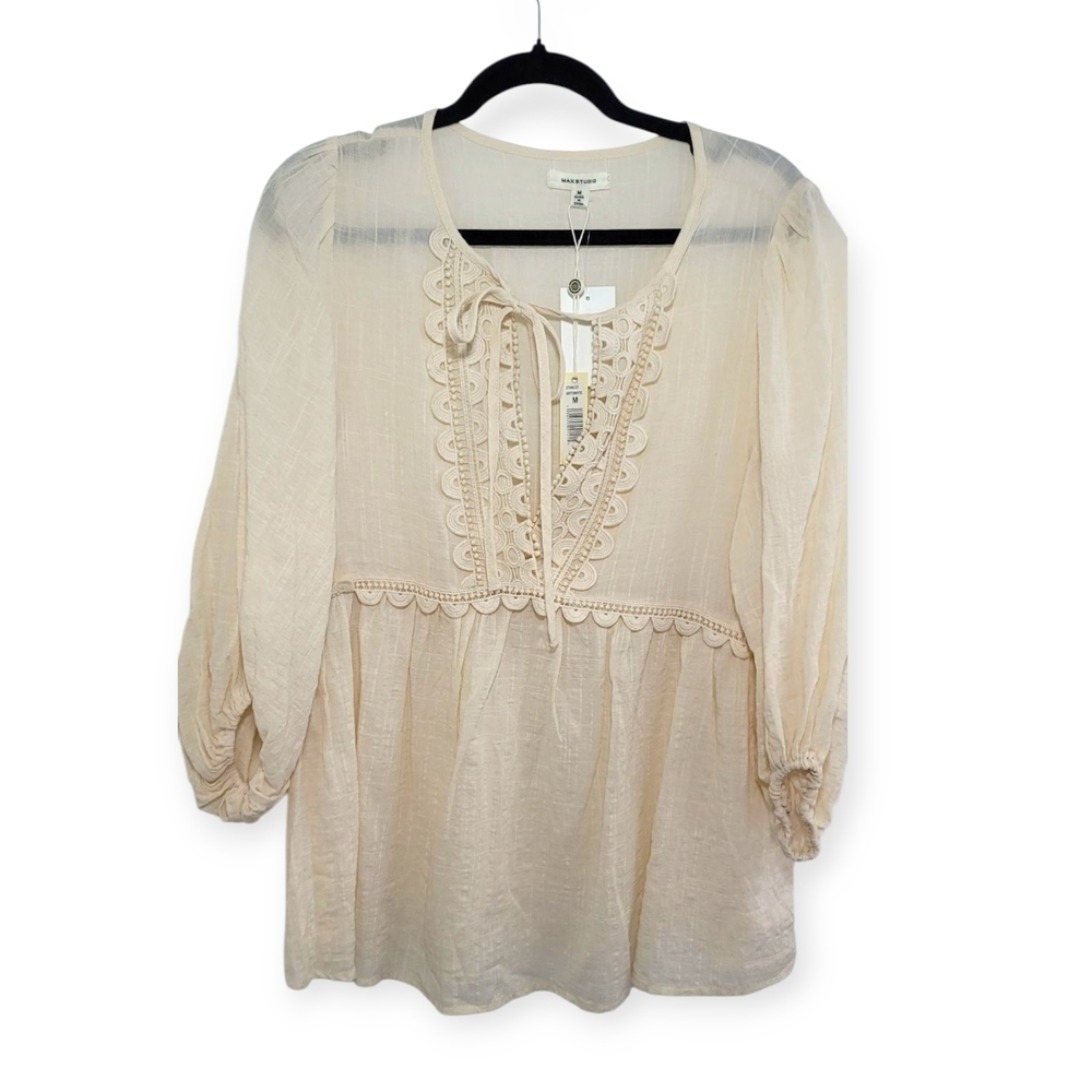 Max Studio Womens Boho Crochet Accented Keyhole Front Empire Waist Blouse Medium